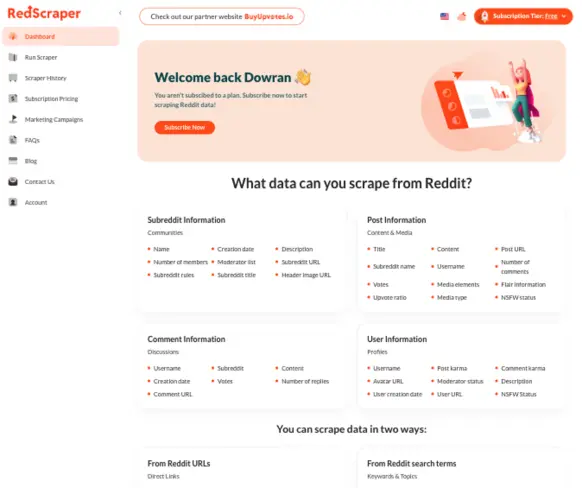 Interface of RedScraper, a no-code tool for scraping Reddit data