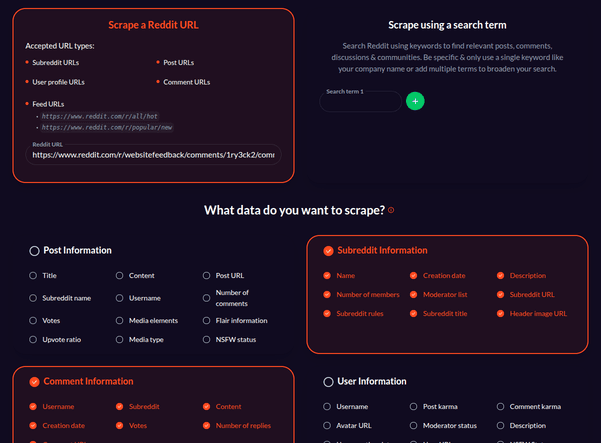 Reddit comment scraper interface showing URL input and data selection options